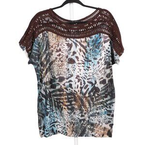 B.L.E.U. Shirt L Womens Animal Print Blue Brown Crochet Rhinestone Short Sleeve